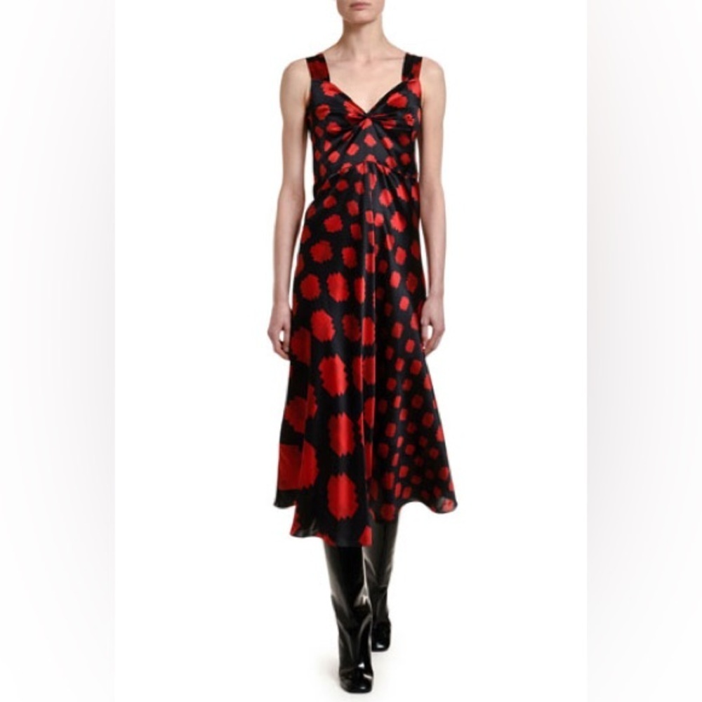 NWT Marni Pixel Print Dress Red Black Midi Silky Gathered V Neck Sz 44
